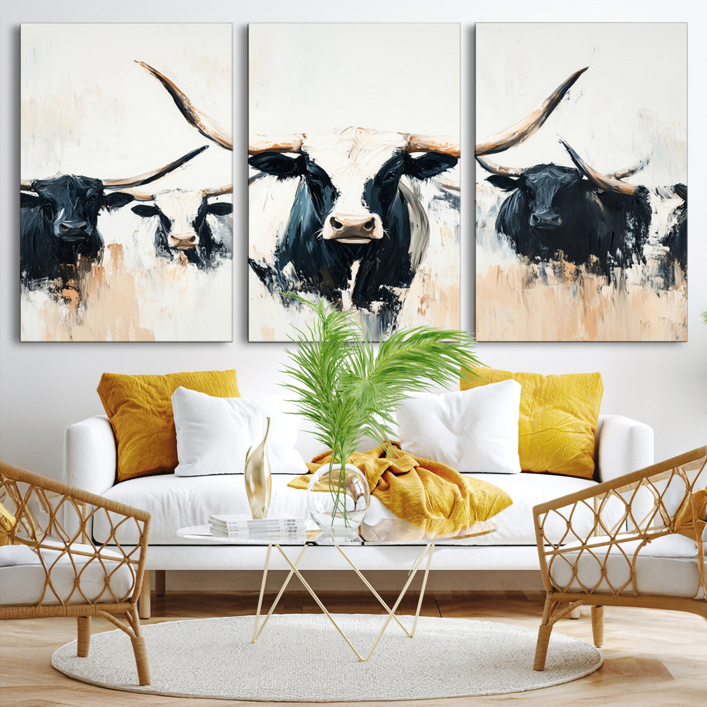 94780606-MGV-CV-36X24-Texas Longhorn Wall Art Canvas Print, Framed Western Cattle Art Picture Print, Horned Bull Perfect Rustic Western Decor, Western Cattle
