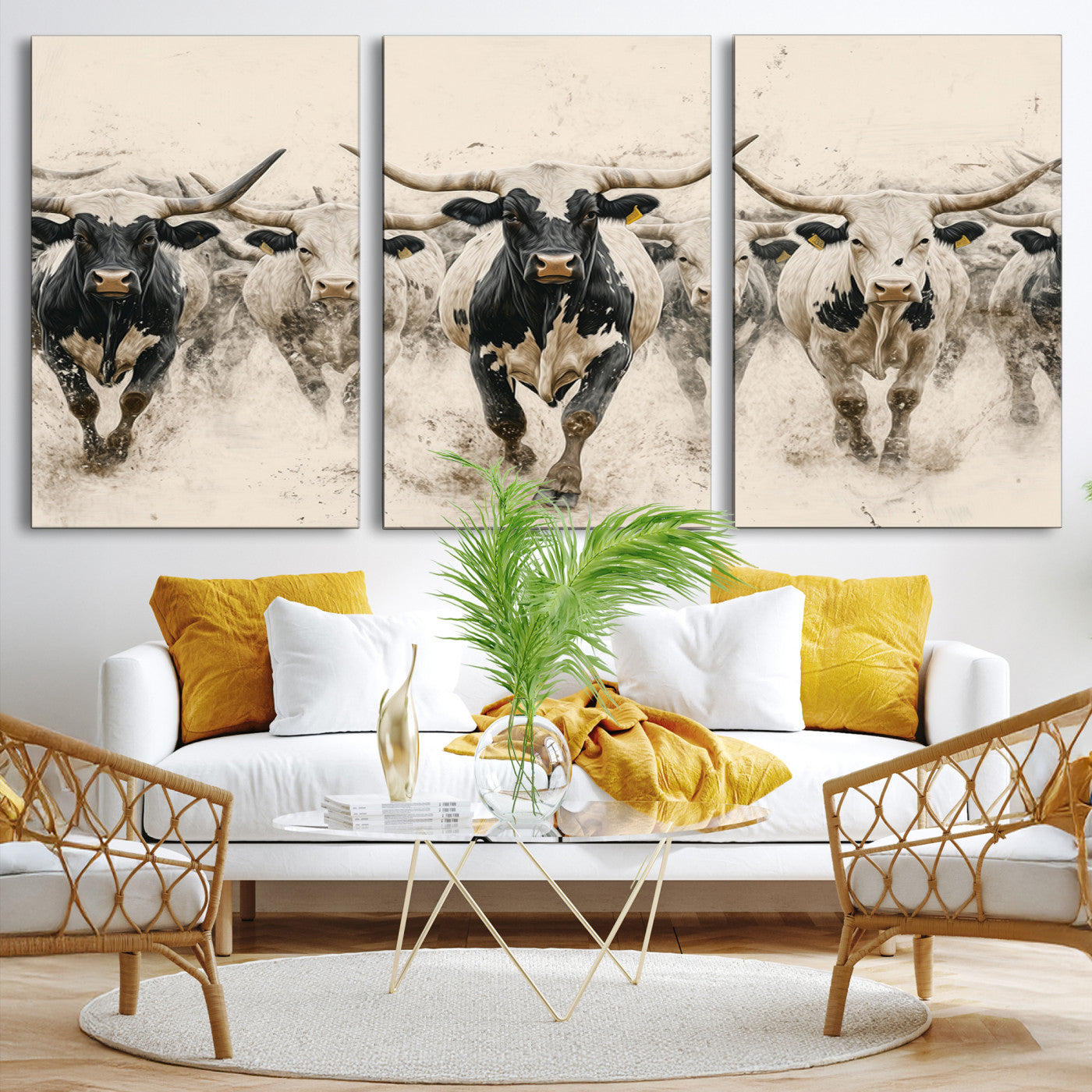 Canvas artwork of Texas Longhorn bulls walking in a dusty herd, ideal for rustic Western or country-style interior decor.
