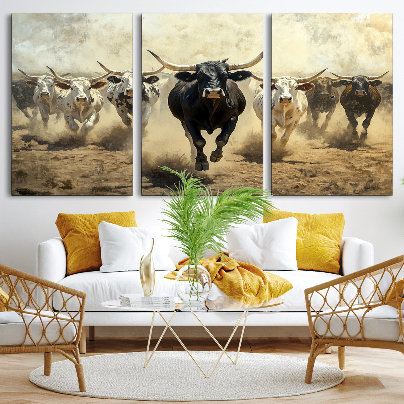 Dynamic canvas showing a Texas Longhorn stampede with earthy tones and bold movement, perfect for rustic or Western-style interiors.