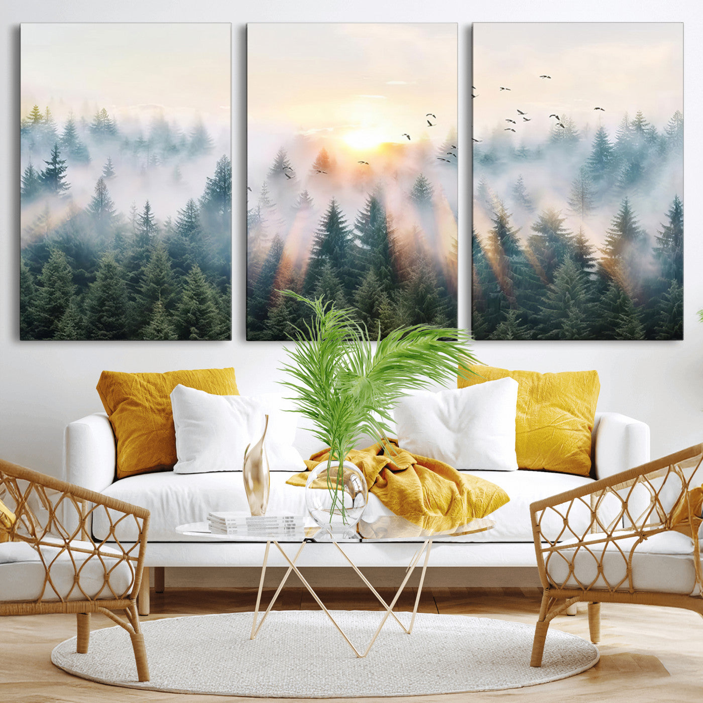 MGV-CV-60X30-3P - Misty Pine Forest Wall Art Canvas, Sunrise Over Foggy Trees Canvas for Home - Office, Framed