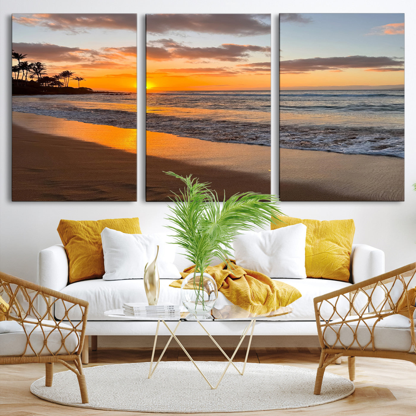 Canvas of a tropical beach at sunset with golden reflections and palm trees, perfect for vibrant coastal or island-style decor.
