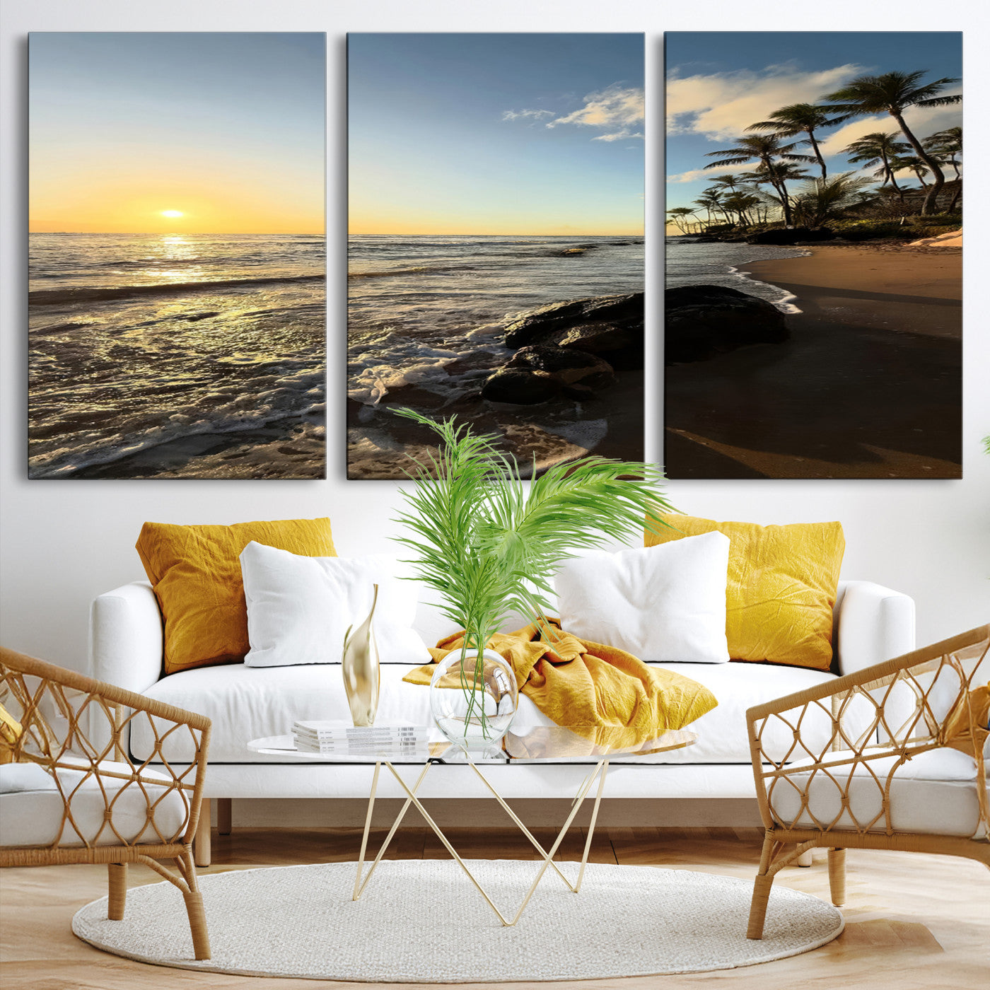 Canvas of a golden sunset on a tropical beach with palm trees and calm waves, perfect for coastal or island-themed home decor.