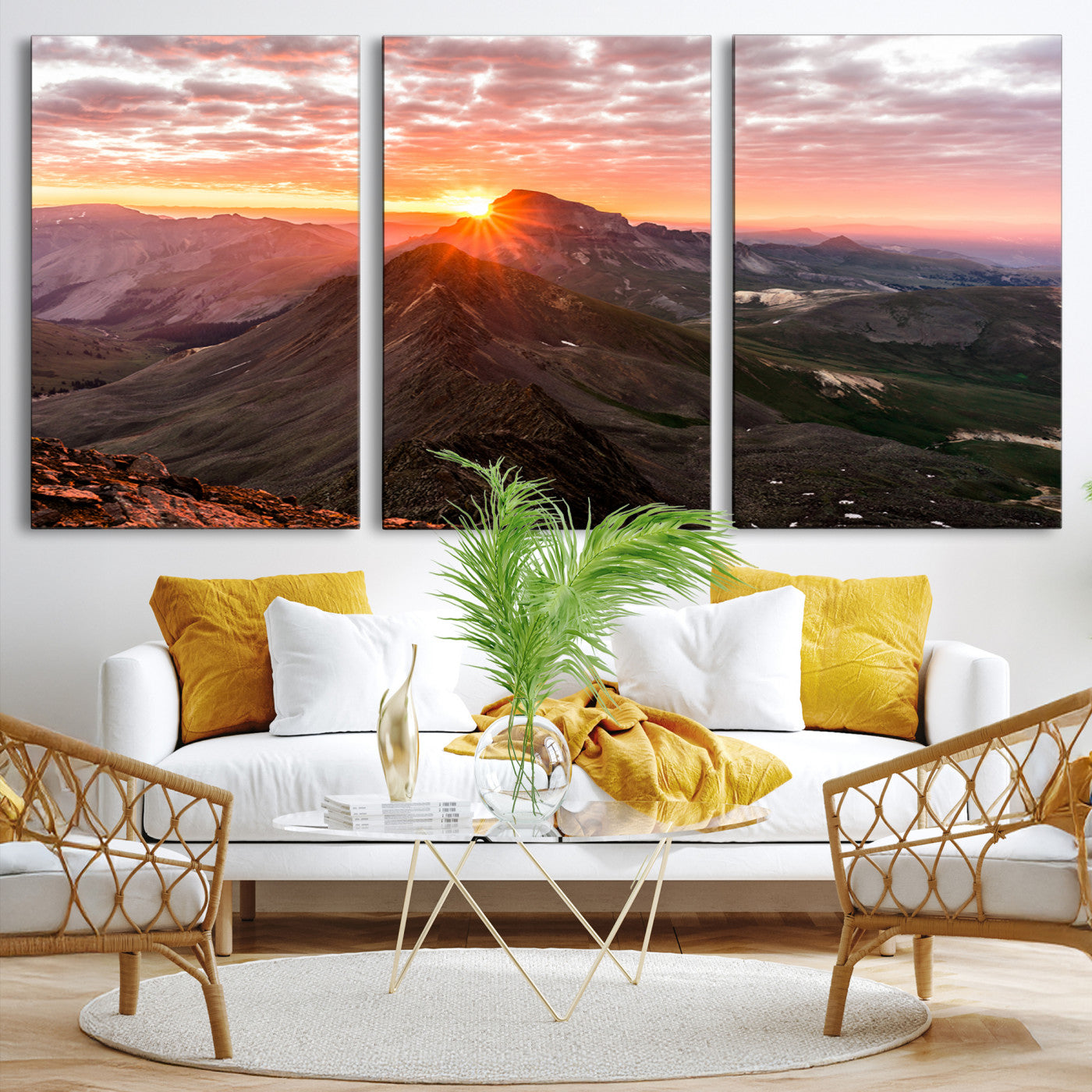 Canvas showing a mountain ridge at sunrise with golden light and dramatic clouds, perfect for nature or rustic-inspired wall decor.