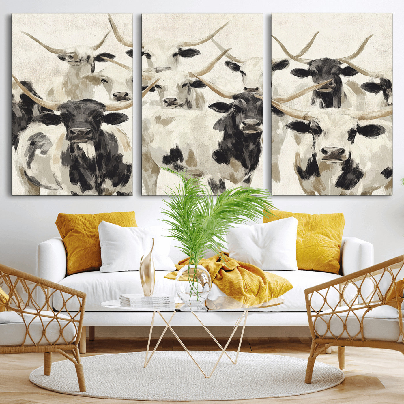 MGV-CV-60X30-3P - Longhorn Texas Cow Drawing Abstract Wall Art Canvas Print for Farmhouse Decor, Texas Bull Printing