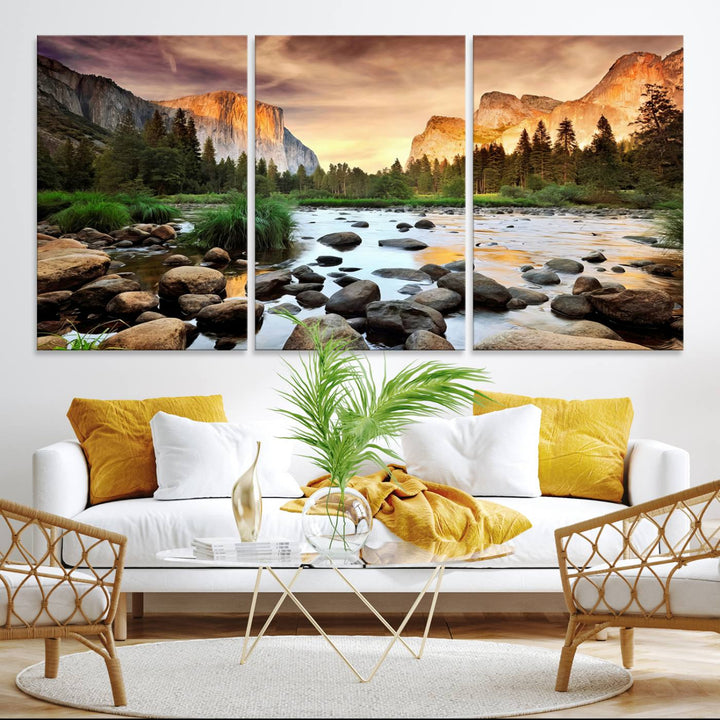 A tranquil riverside sunset mirrors the beauty of a Yosemite wall art masterpiece like the Large El Capitan Print.