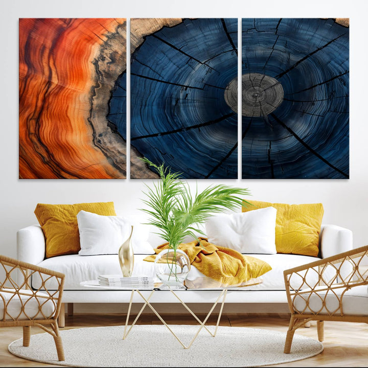 Abstract Tree Rings Canvas Print with vibrant colors—ideal farmhouse wall art for a woodland-themed home.