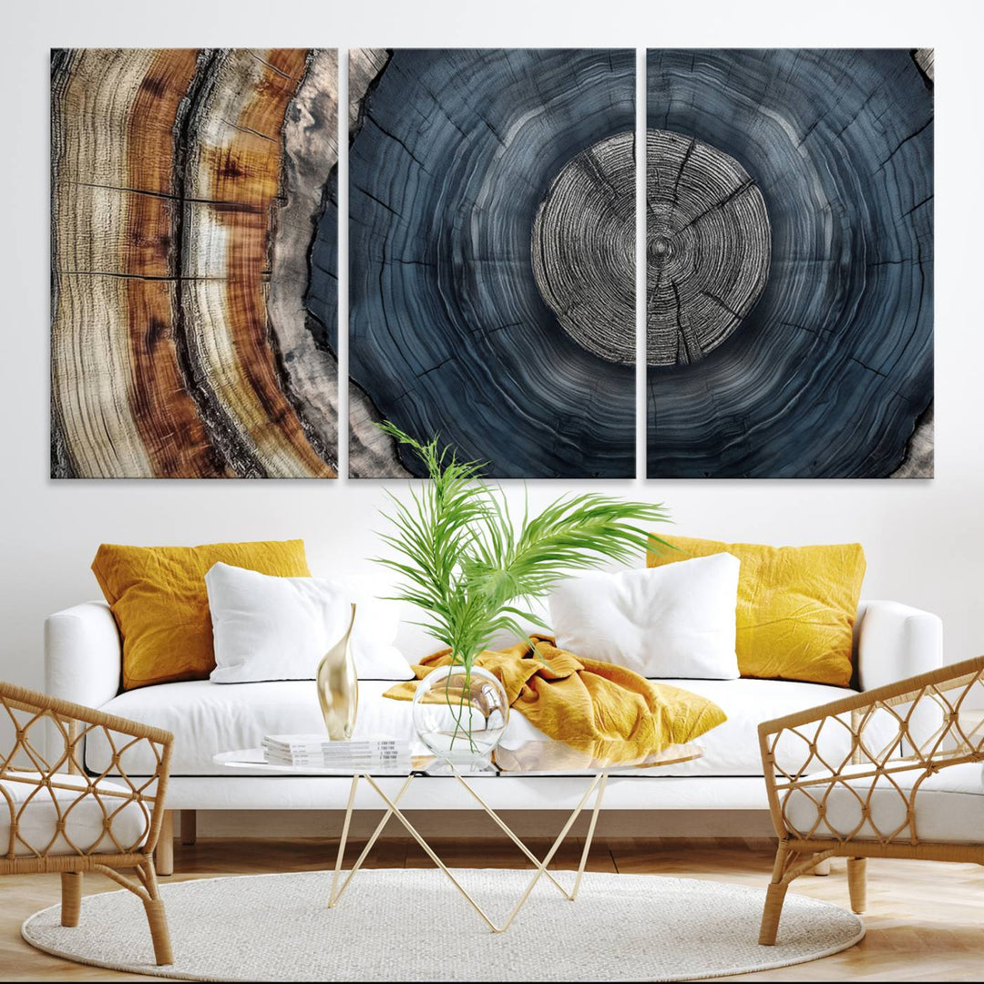 Close-up of the Abstract Tree Rings Wall Art Print featuring shades of blue, brown, and gray.