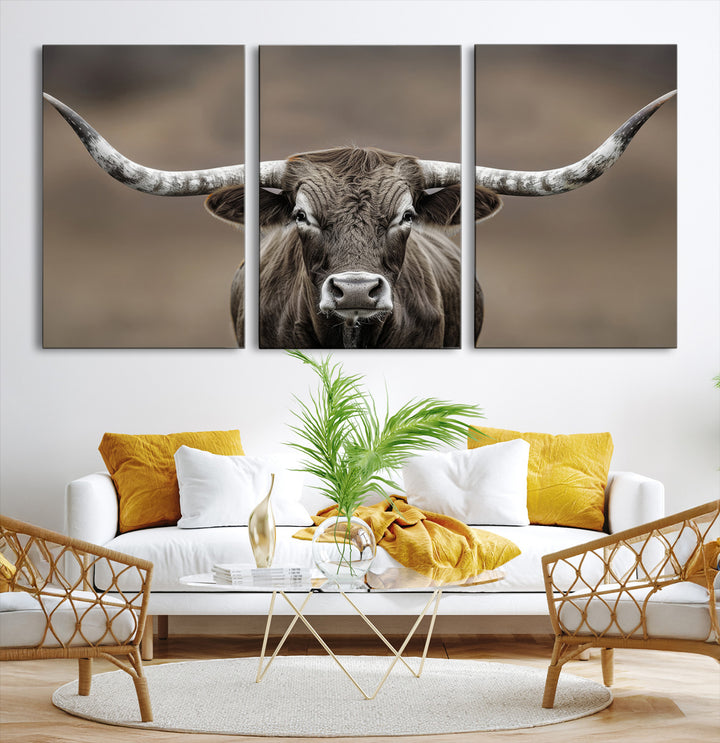 The Framed Texas Longhorn Bull Art Canvas Print adds timeless elegance to the serene setting.