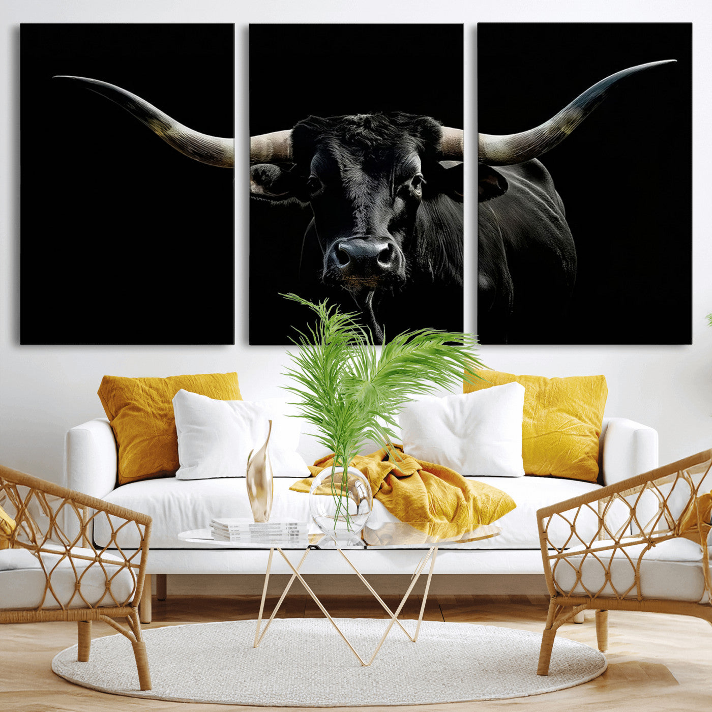 MGV-CV-60X30-3P - Texas Black Bull Wall Art Print, Longhorn Bull Canvas Wall Art
