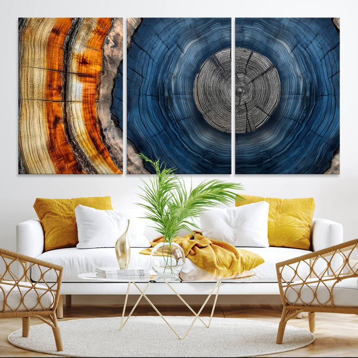 Vibrant Abstract Tree Rings in Orange, Brown, and Blue - Canvas Print for Nature Woodland Wall Decor.