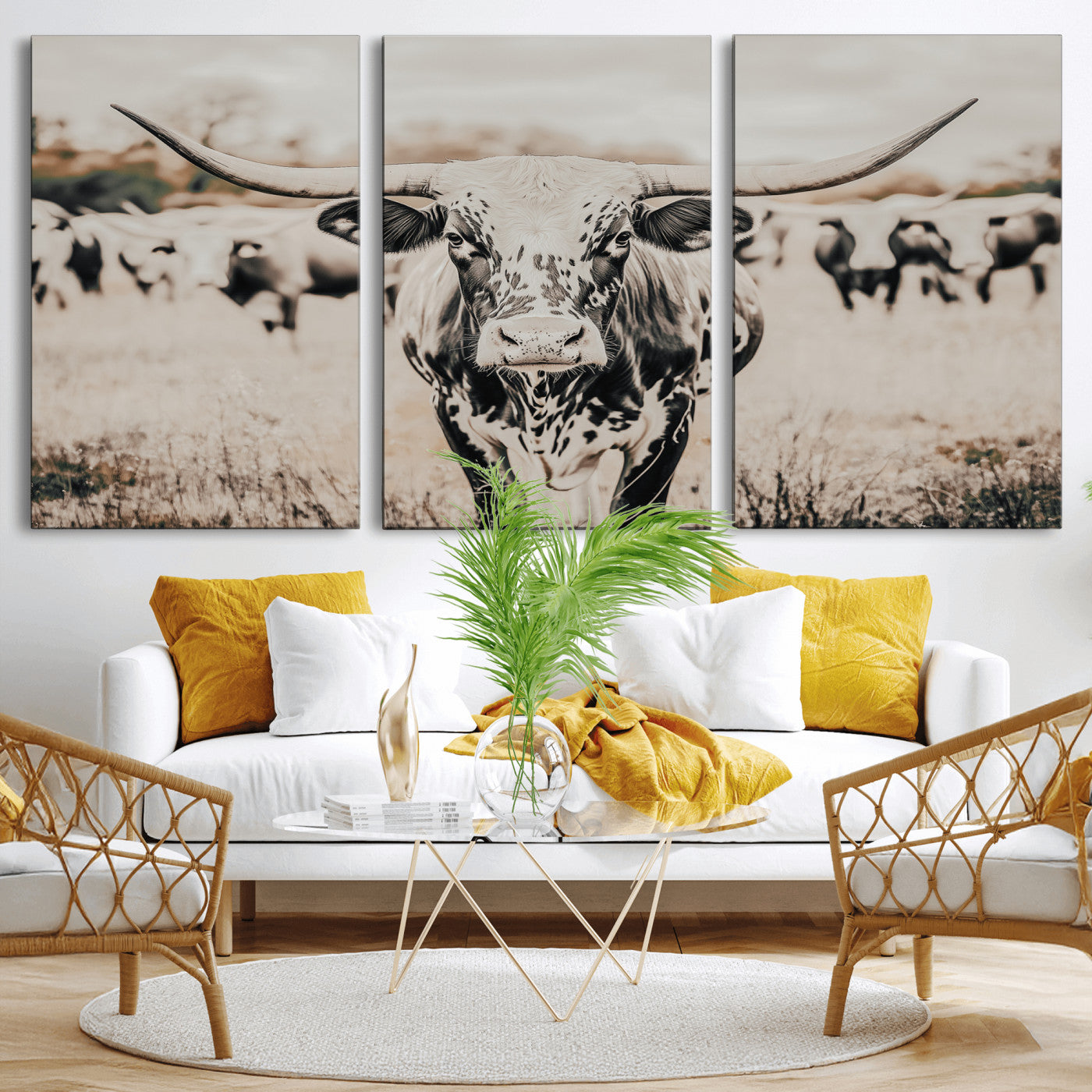 MGV-CV-60X30-3P - Texas Longhorn Wall Art Canvas Print, Framed Speckled Cow Art Picture Print, Horned Cattle Perfect Rustic Western Decor Artwork