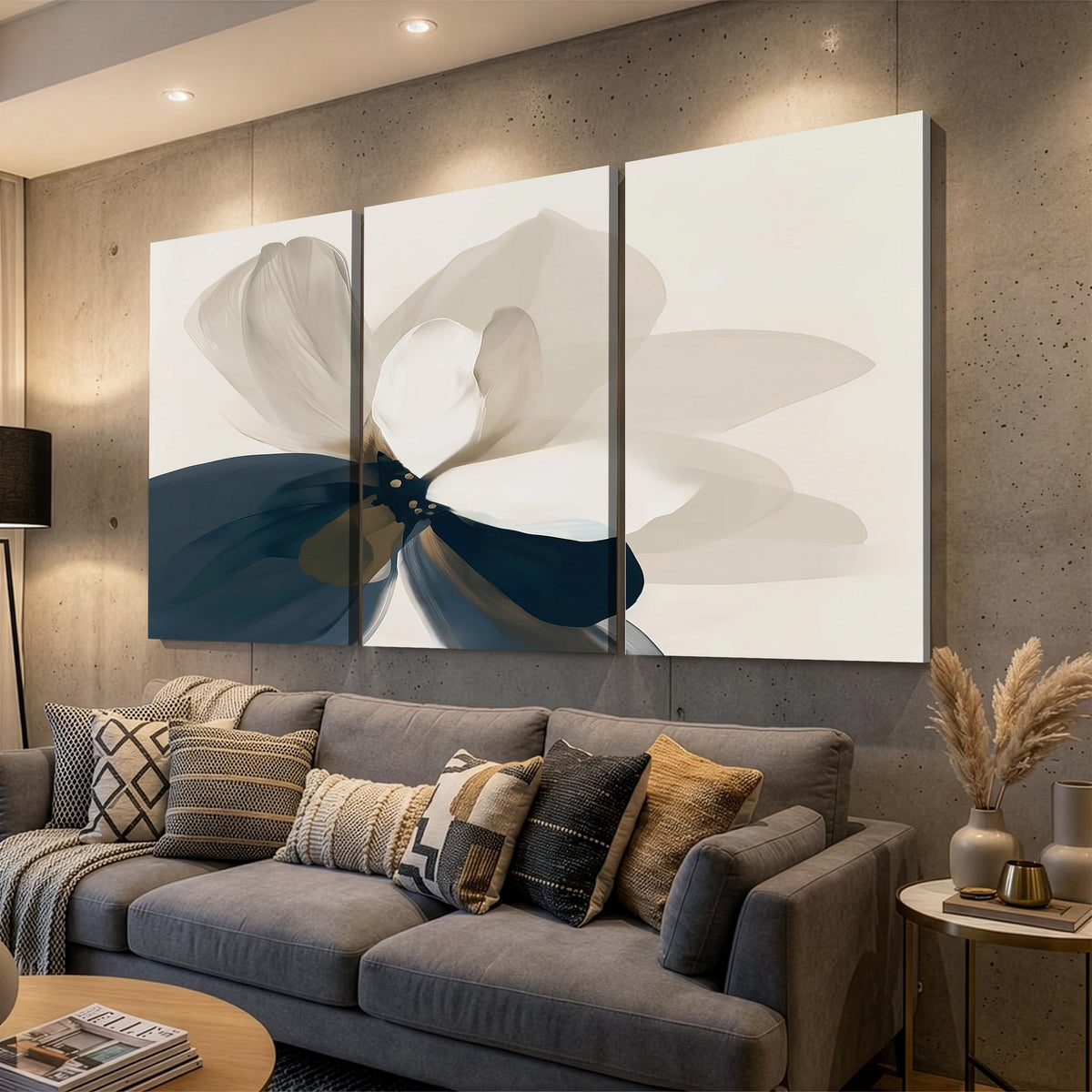 42188901-MGV-CV-24X16 - Minimal Flower Wall Art Canvas Print | Framed Beige and Navy Bloom