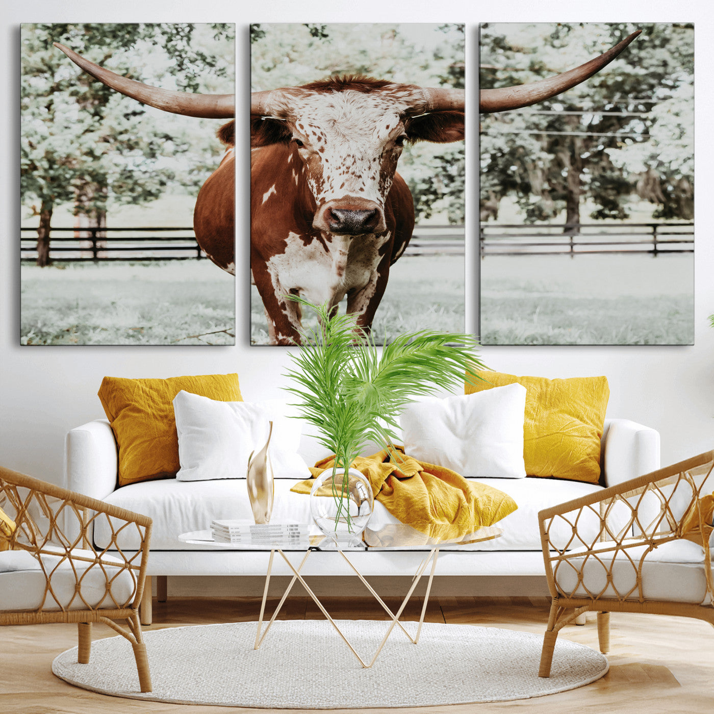 MGV-CV-60X30-3P - Texas Longhorn Wall Art Canvas Print, Framed Spotted Cow Art Picture Print, Horned Cattle Perfect Rustic Western Decor Artwork