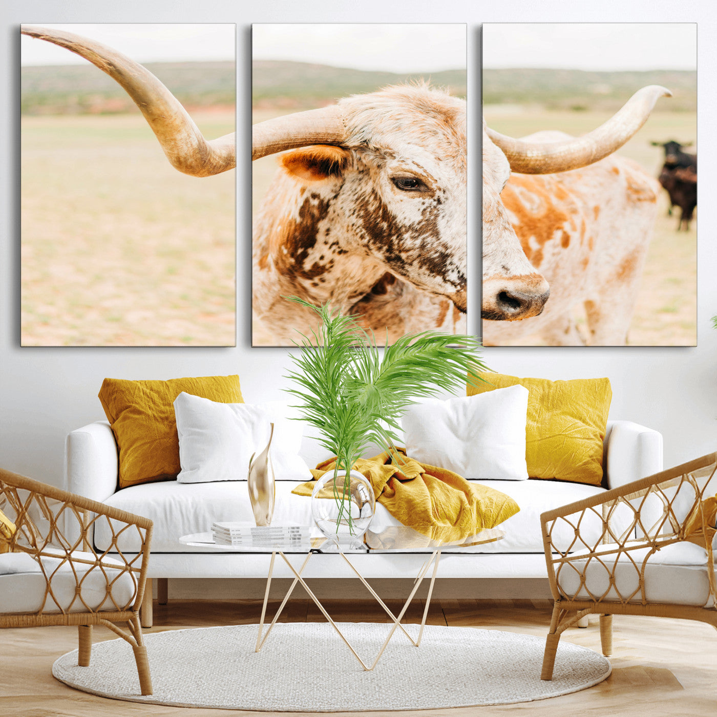 MGV-CV-60X30-3P - Texas Longhorn Wall Art Canvas Print, Framed Spotted Cow Art Picture Print, Horned Cattle Perfect Rustic Western Decor Artwork
