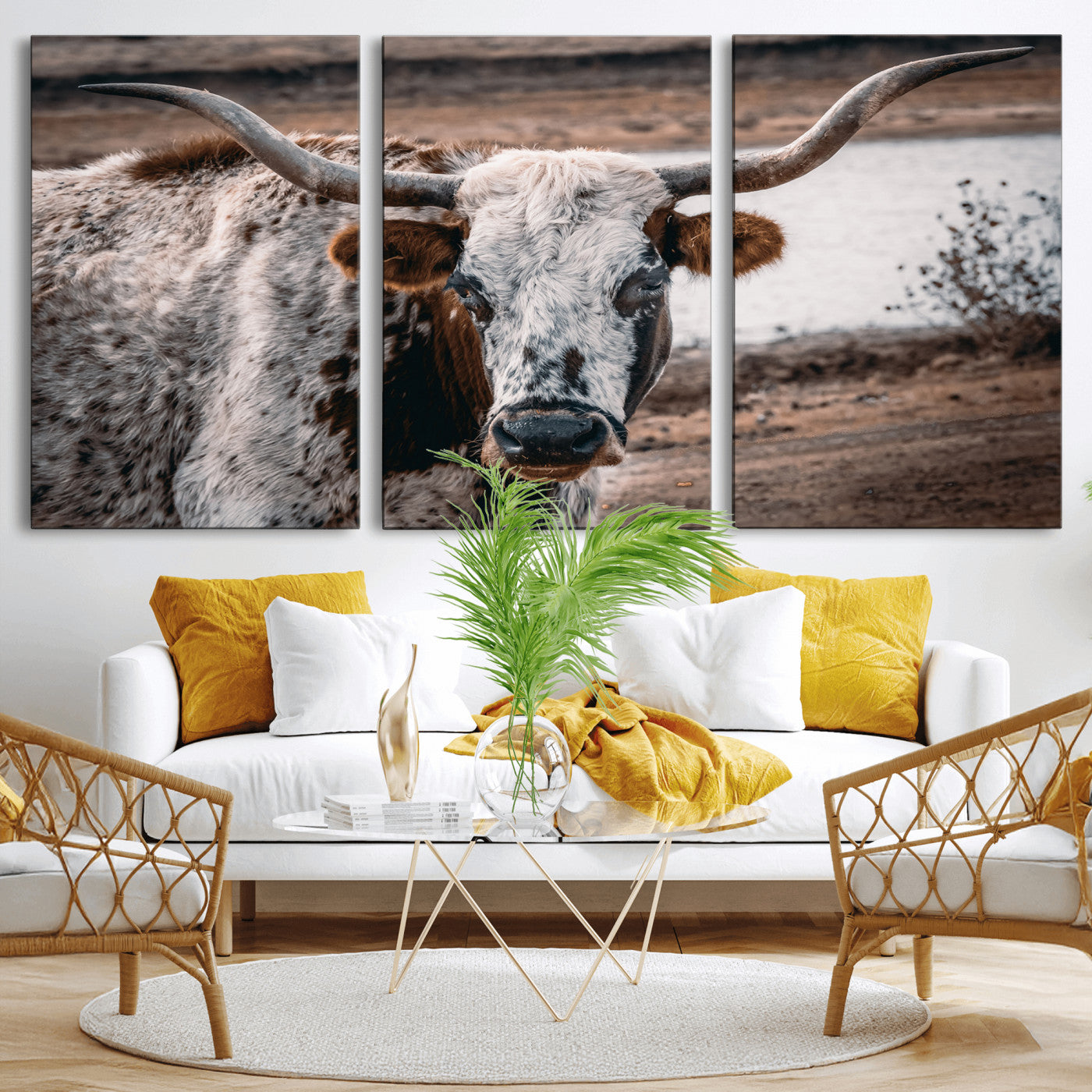 MGV-CV-60X30-3P - Texas Longhorn Wall Art Canvas Print, Framed Spotted Cow Art Picture Print, Horned Cattle Perfect Rustic Western Decor Artwork