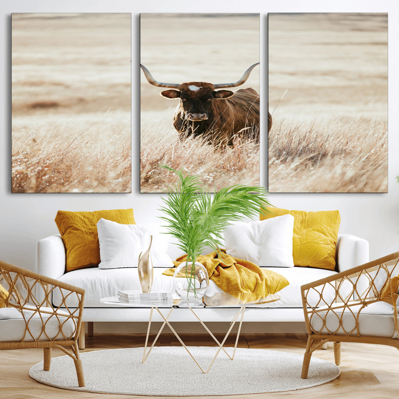 MGV-CV-60X30-3P - Texas Longhorn Wall Art Canvas Print, Framed Brown Cattle Art Picture Print, Horned Bull Perfect Rustic Western Decor Artwork