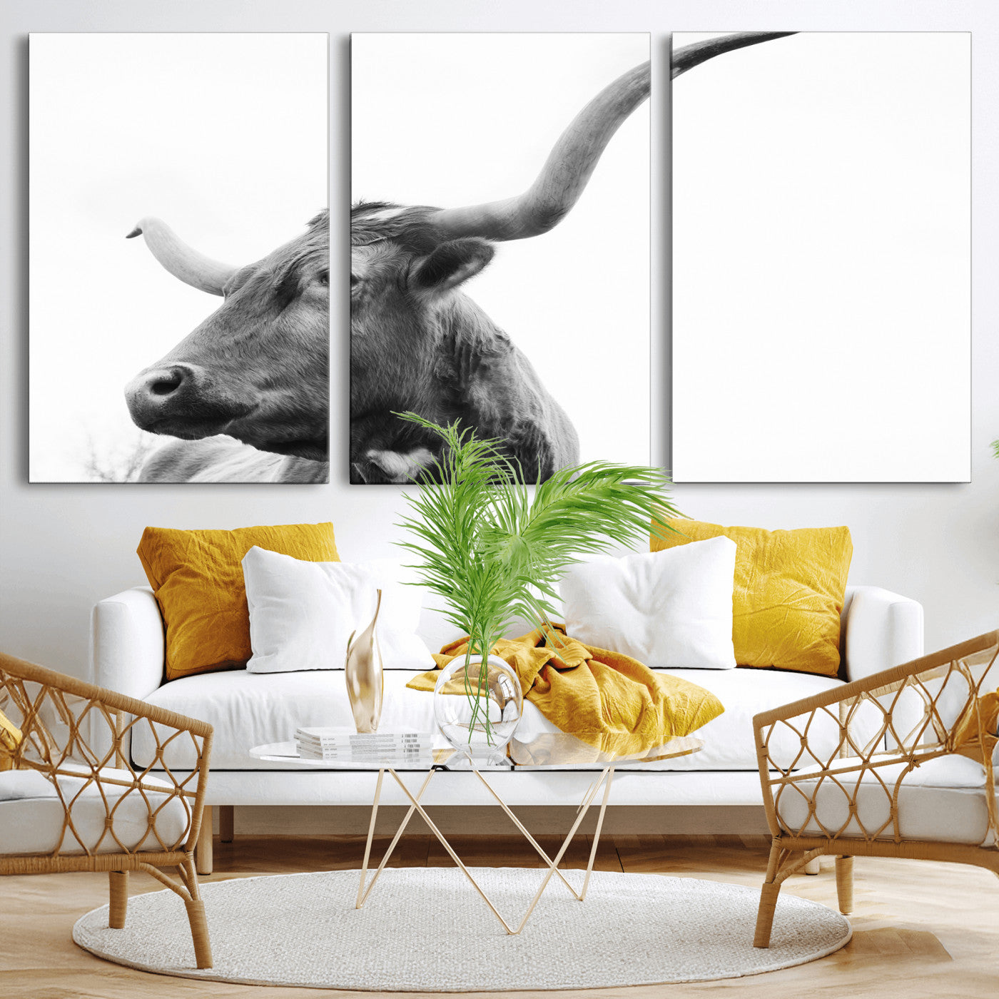 MGV-CV-60X30-3P - Longhorn Wall Art Wall Art Canvas Print, Framed Modern Ranch Style Art Art Picture Print, Monochrome Cow Print Perfect Rustic Western Decor Artwork