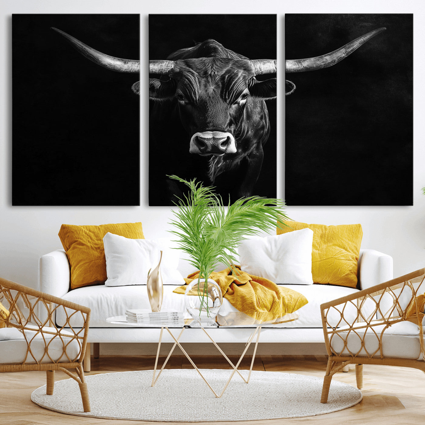 MGV-CV-60X30-3P - Texas Longhorn Wall Art Canvas Print, Framed Monochrome Bull Art Picture Print, Horned Bull Perfect Rustic Western Decor Artwork