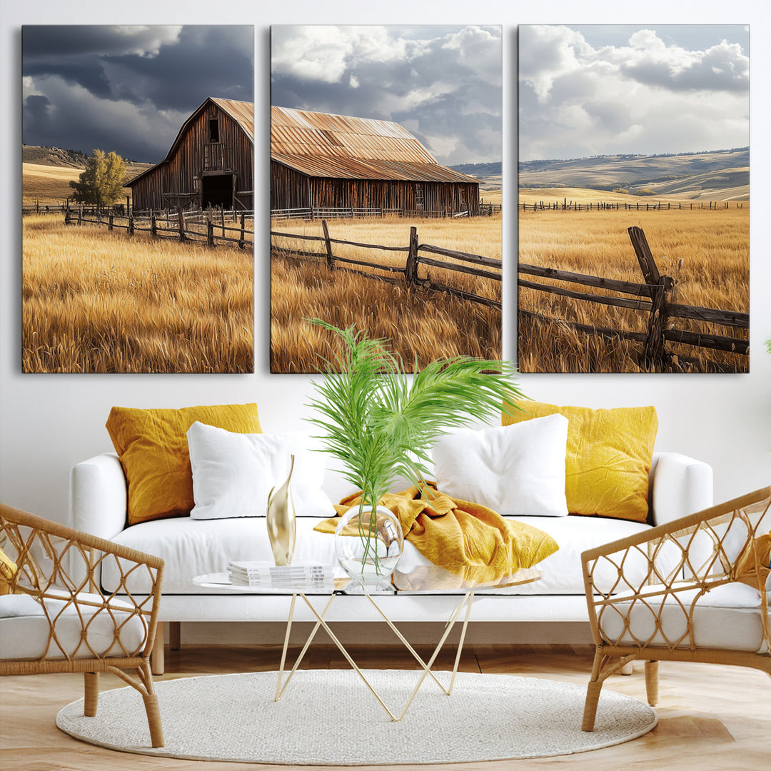 Rustic Barn Wall Art Canvas Print, Framed Moody Barn Art Picture Print, Golden Field Perfect Rustic Farmhouse Decor