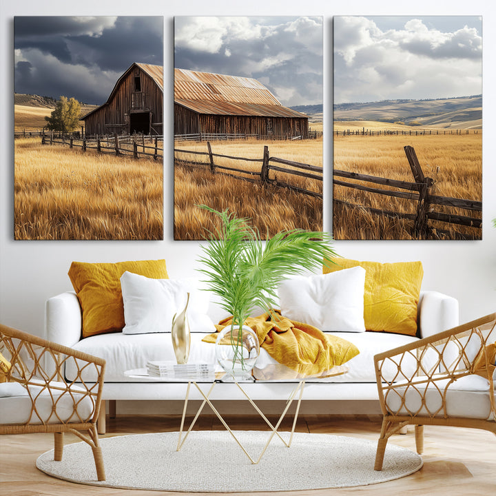 Rustic Barn Wall Art Canvas Print, Framed Moody Barn Art Picture Print, Golden Field Perfect Rustic Farmhouse Decor