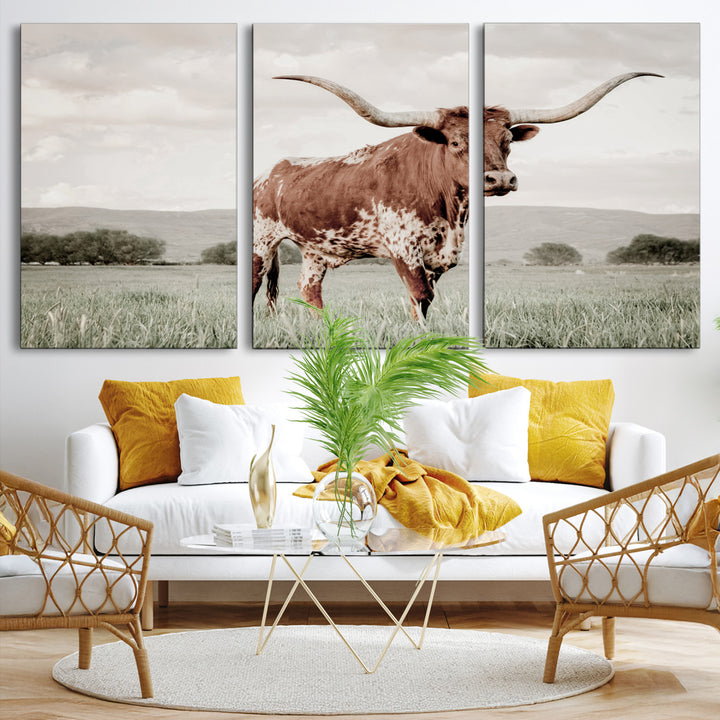 Texas Longhorn Wall Art Canvas Print, Framed Spotted Cattle Art Picture Print, Horned Bull Perfect Rustic Western Decor Artwork