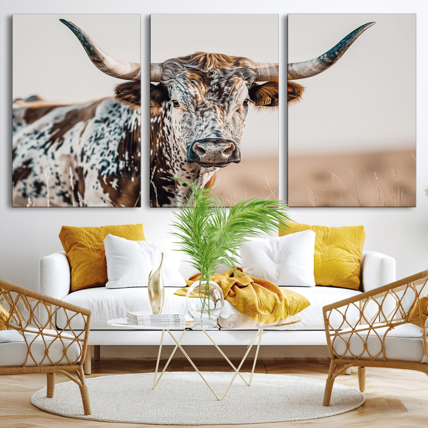 Canvas of a speckled Texas longhorn with wide curved horns and warm tones, perfect for rustic or country-style wall decor.