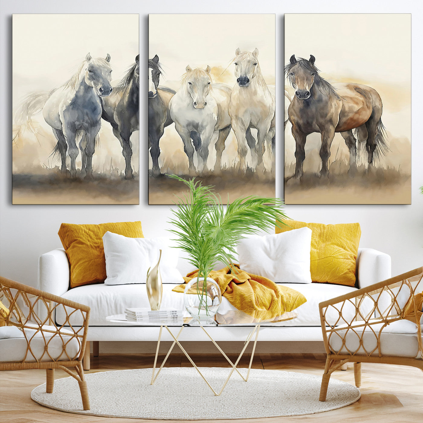 Watercolor illustration of five wild horses in soft neutral tones, perfect for rustic or western-style home decor with a calming natural vibe.