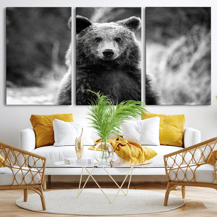 Grizzly Bear Wall Art Canvas Print, Framed Black White Bear Art Picture Print, Wild Bear Perfect Rustic Wildlife Decor