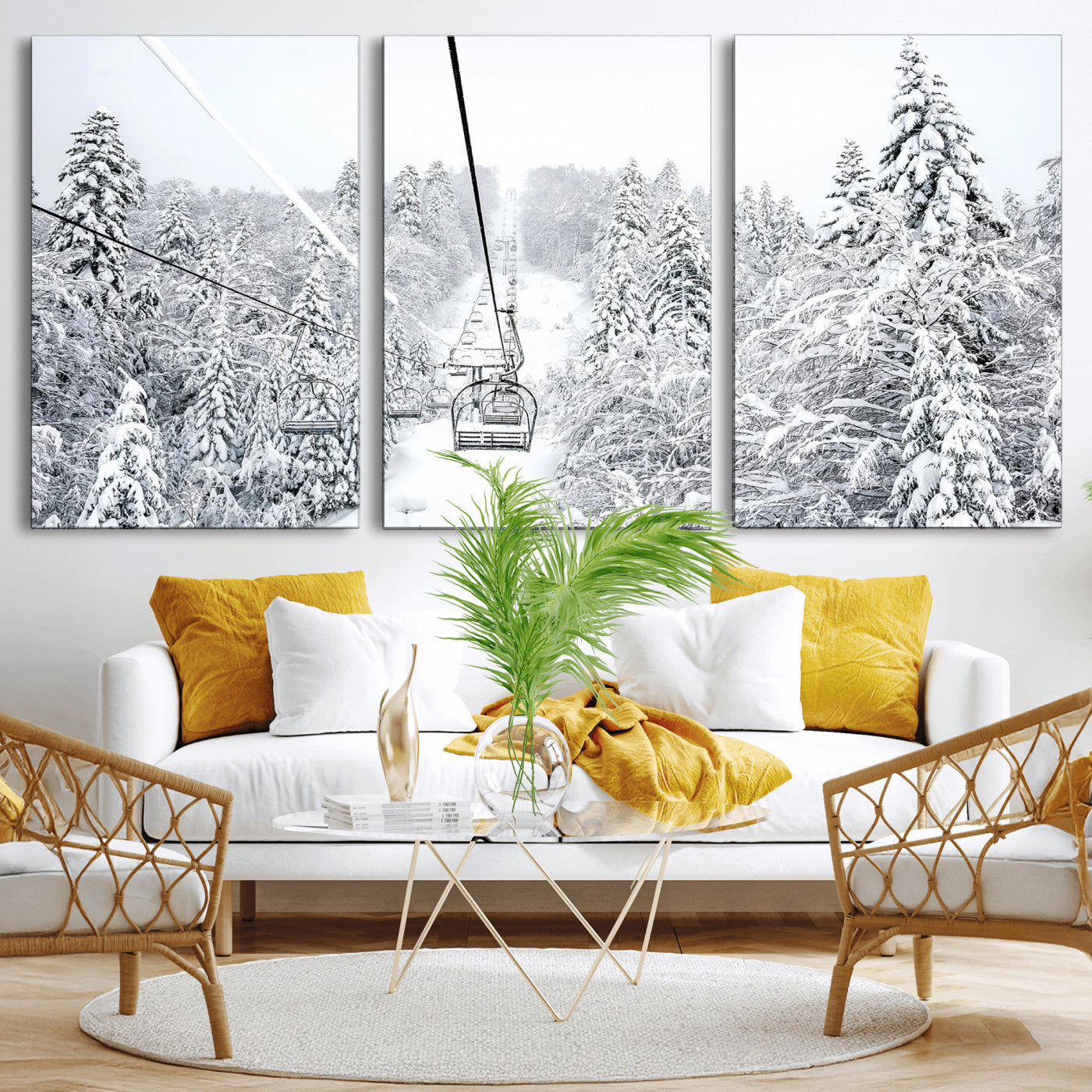 MGV-CV-60X30-3P - Snowy Mountains Wall Art Canvas Print, Framed Ski Lift Art Picture Print, Winter Forest Perfect