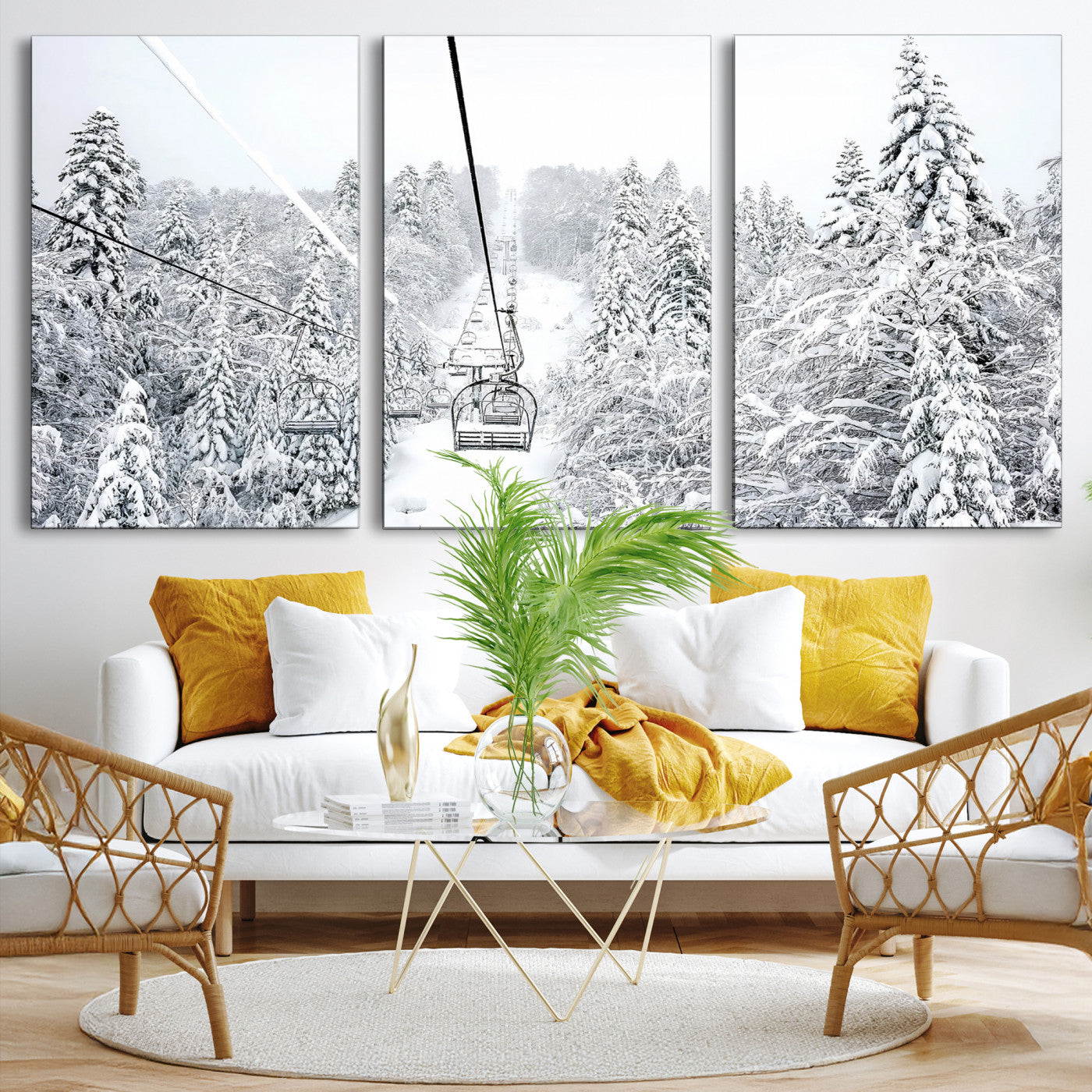 60296839-MGV-CV-36X24-Snowy Mountains Wall Art Canvas Print, Framed Ski Lift Art Picture Print, Winter Forest Perfect Winter Minimalist Decor, Ski Lift Canvas