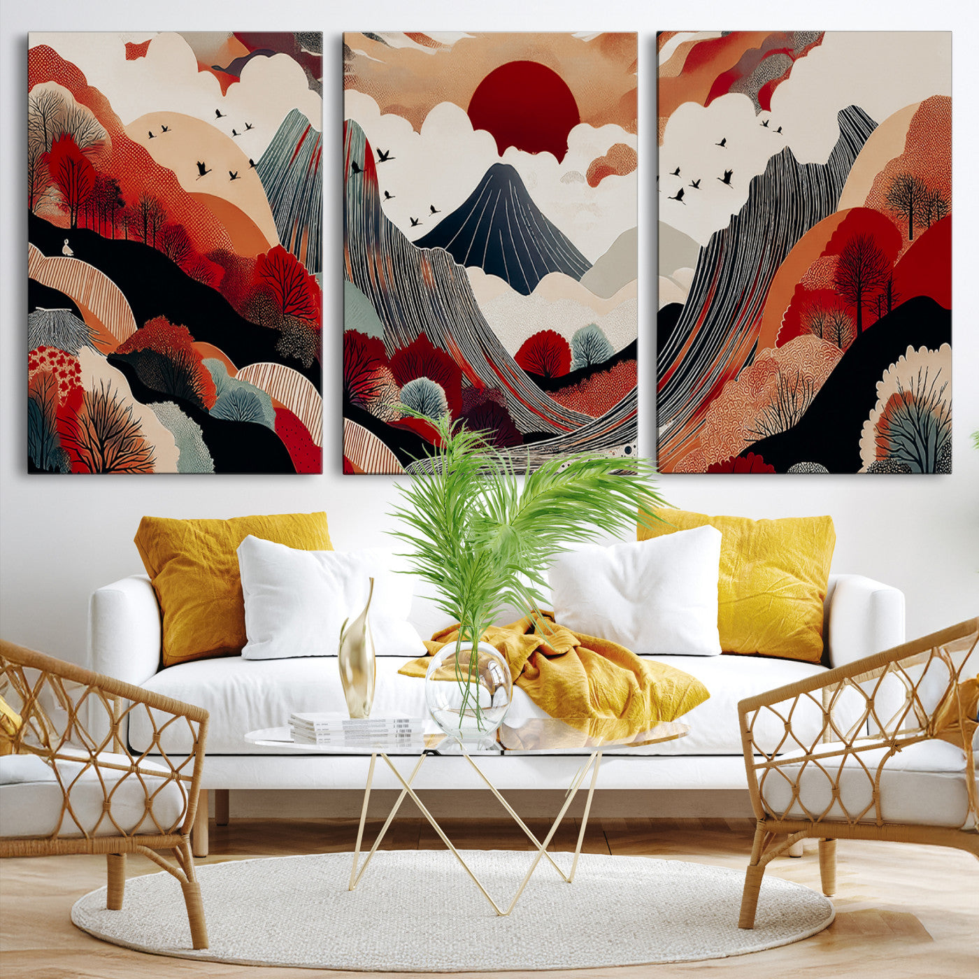 Abstract nature illustration with a red sun, mountains, and vibrant landscapes in graphic style, perfect for contemporary minimalist home decor. Ideal for modern spaces.
