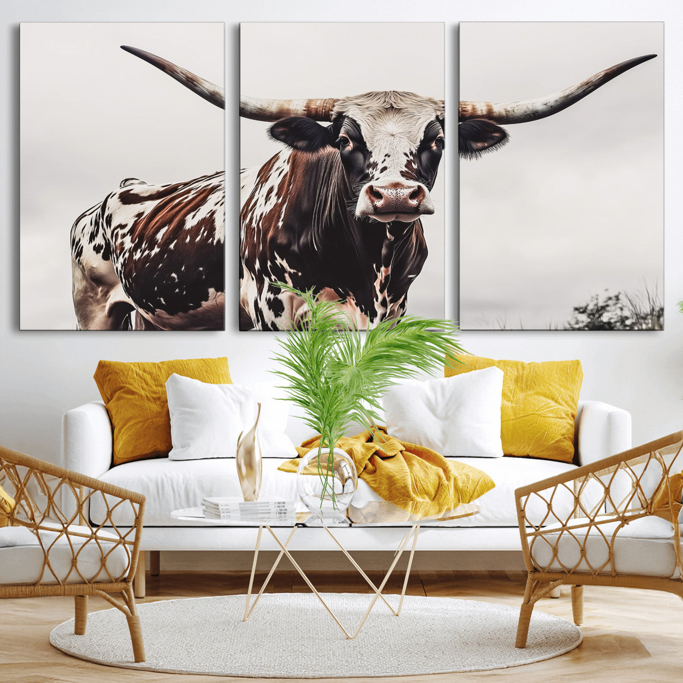 Close-up of a Texas Longhorn bull with powerful horns, perfect for rustic farmhouse or country-themed home decor. Ideal for animal lovers.