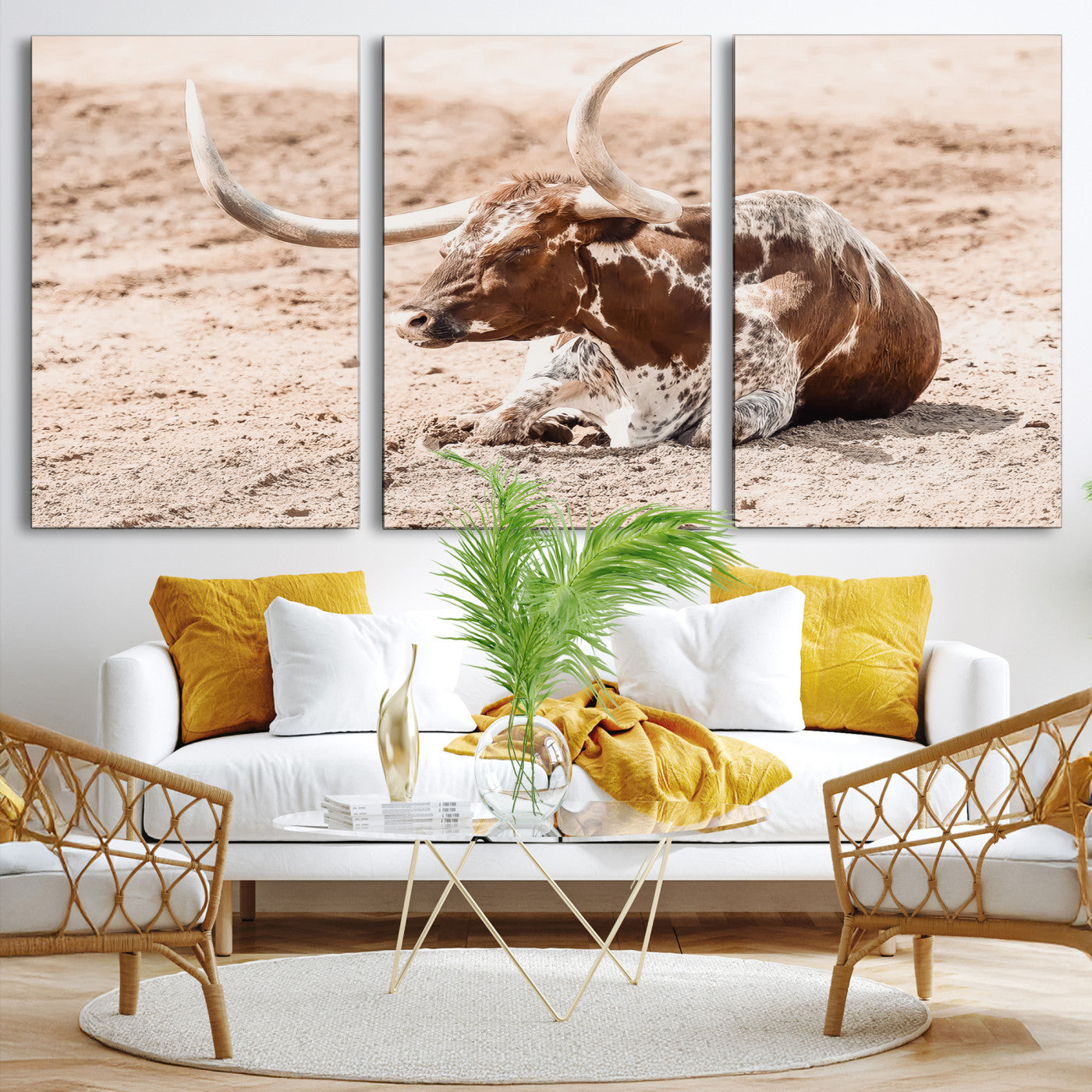 Texas Longhorn Wall Art Canvas Print, Framed Resting Bull Art Picture Print, Spotted Cattle Perfect Rustic Western Decor, Spotted Cattle