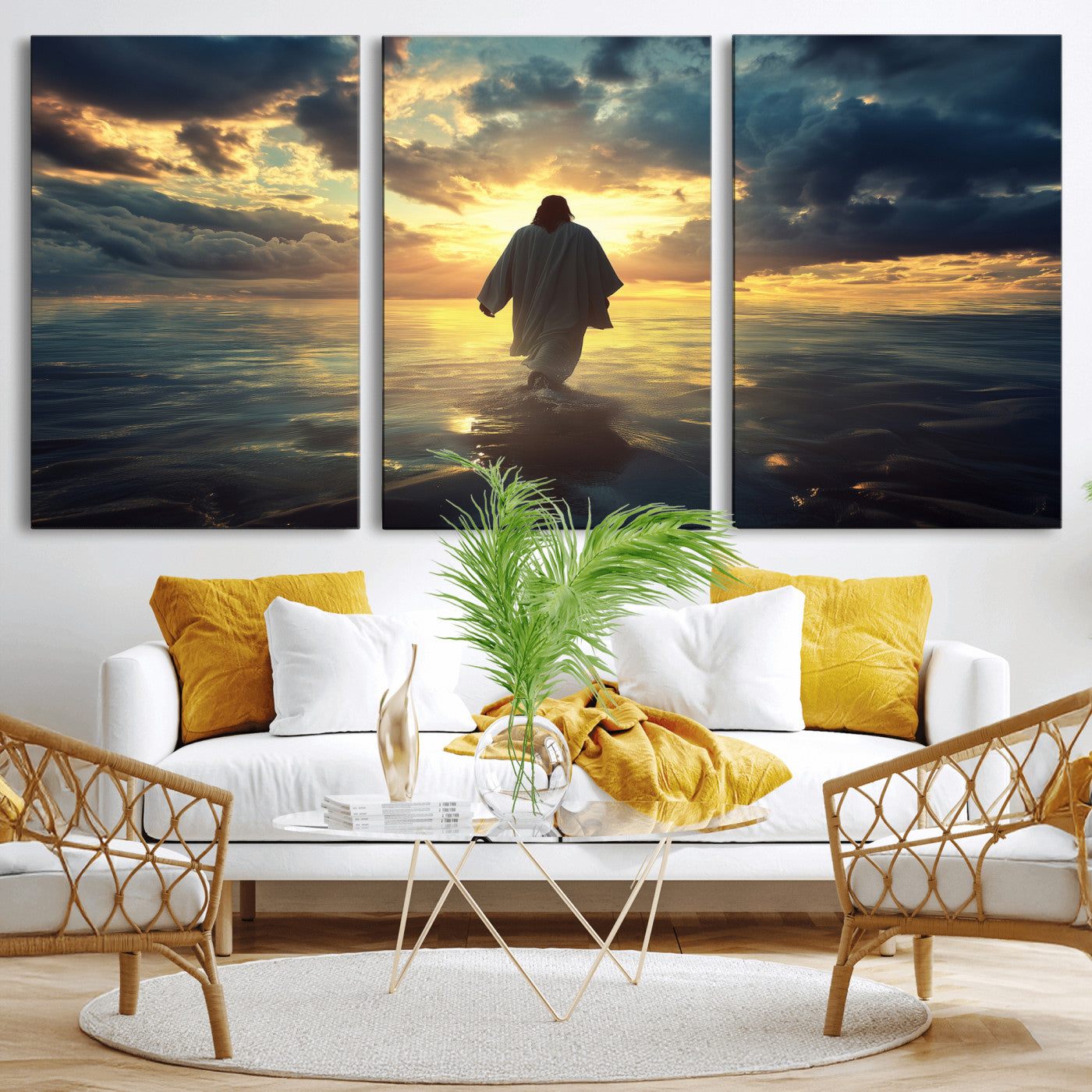 MGV-CV-60X30-3P - Jesus Walks Wall Art Canvas Print, Framed Divine Sunset Art Picture Print, Spiritual Light Perfect Spiritual Tranquil Decor Artwork