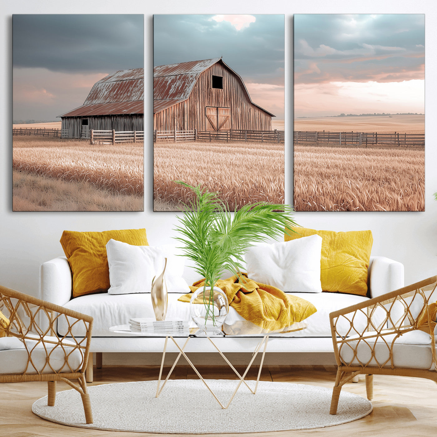 MGV-CV-60X30-3P - Rustic Barn Wall Art Canvas Print, Framed Wheat Field Art Picture Print, Sunset Barn Perfect Vintage Farmhouse Decor Artwork