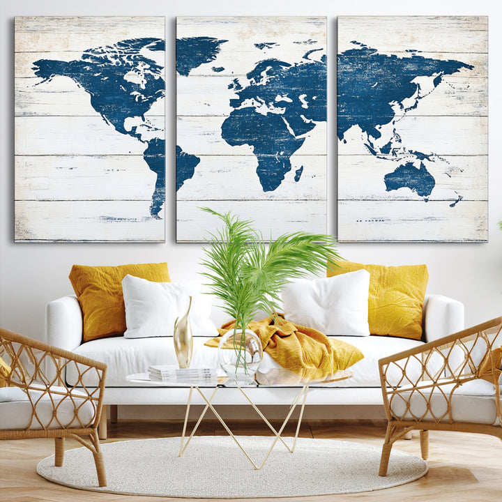 World Map Wall Art Canvas Print, Framed Rustic Atlas Art Picture Print, Wooden Map Perfect Vintage Decor Artwork