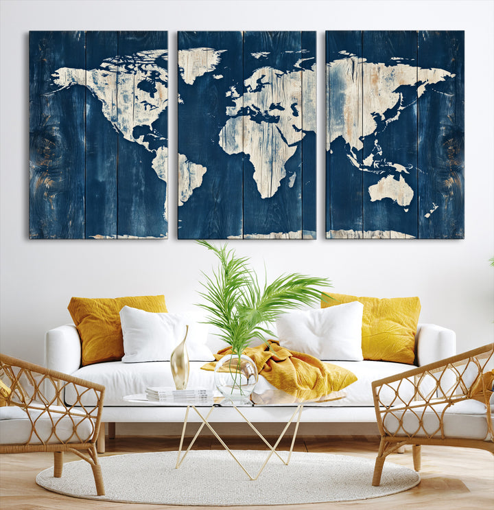 World Map Wall Art Canvas Print, Rustic Map Print, Framed Wooden World Map Art Print, Large Antique Map Decor Printing Perfect for Vintage Decor