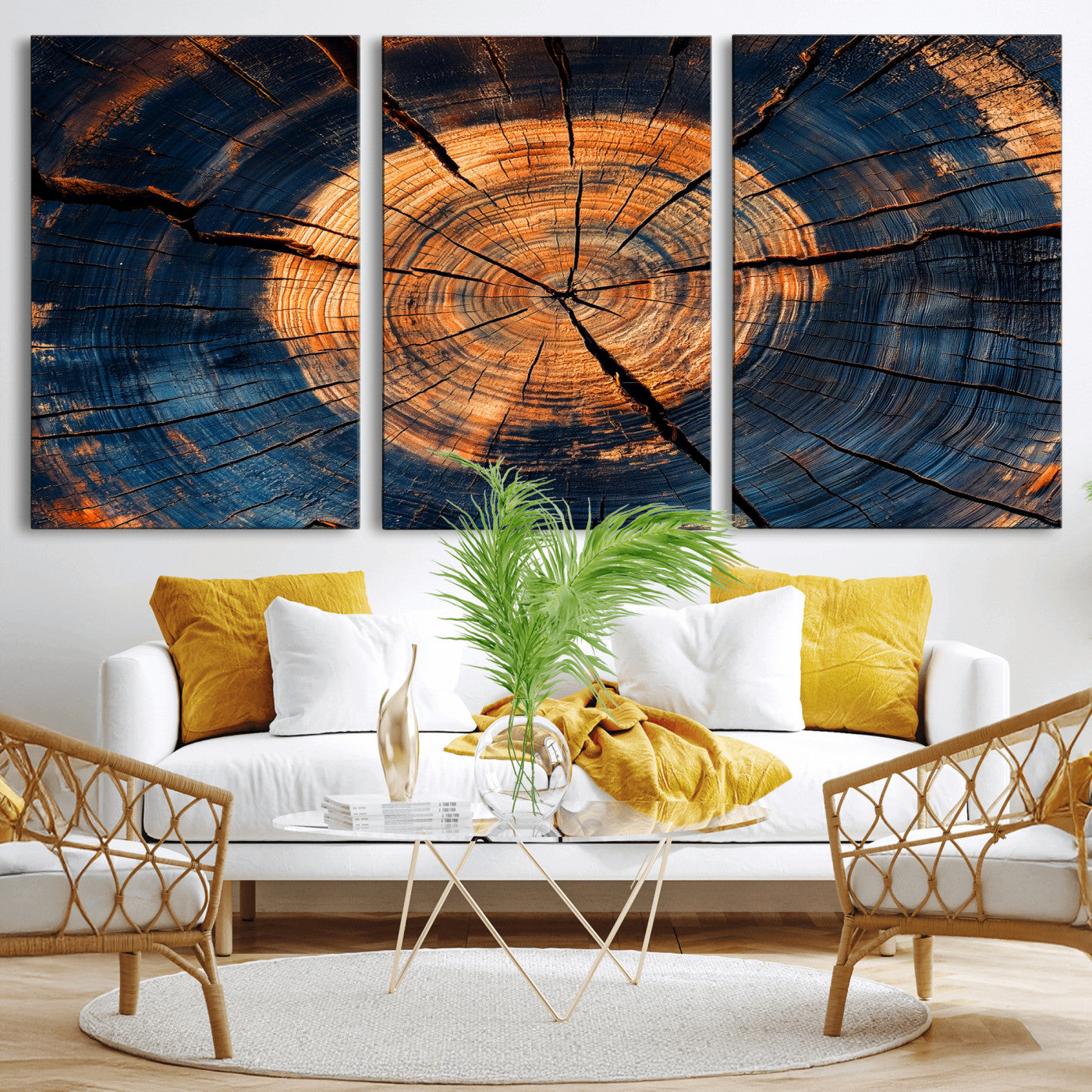 MGV-CV-60X30-3P - Burnt Wood Wall Art Canvas Print, Framed Aged Timber Art Picture Print, Rustic Tree Slice Perfect Rustic Decor Artwork