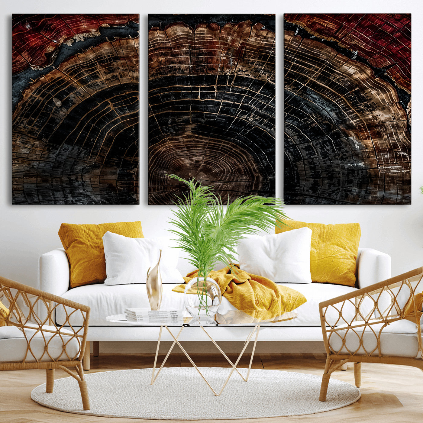 MGV-CV-60X30-3P - Dark Wood Ring Wall Art Canvas Print, Framed Abstract Wood Tree Art Picture Print, Rustic Tree Slice Perfect Rustic Decor Artwork