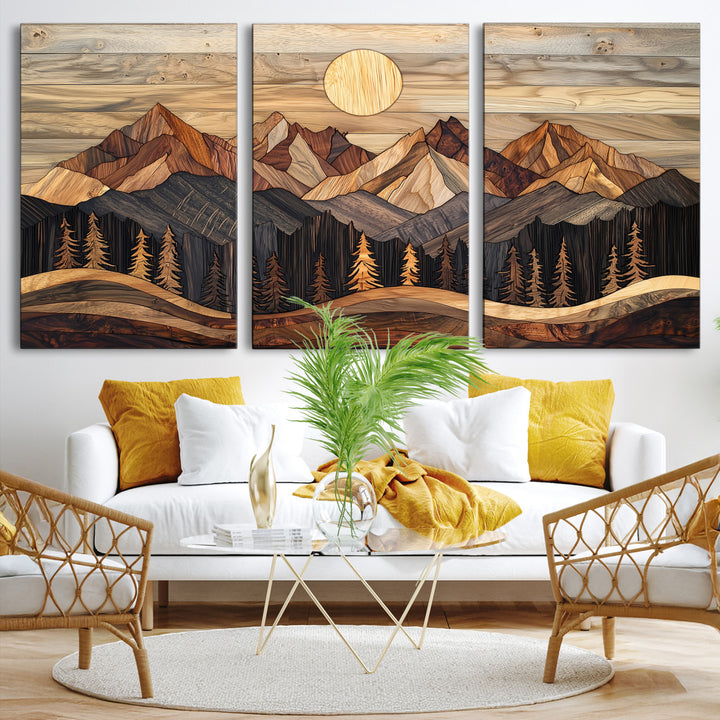 Wood Mountain Wall Art Canvas Print, Framed Boho Wood Art Print, Abstract Woodland Farmhouse Decor