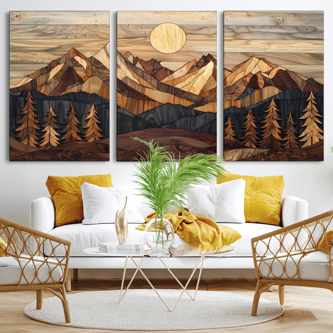 Wood Mountain Landscape Wall Art Canvas Print, Framed Sunset Hills Print, Abstract Nature Boho Decor