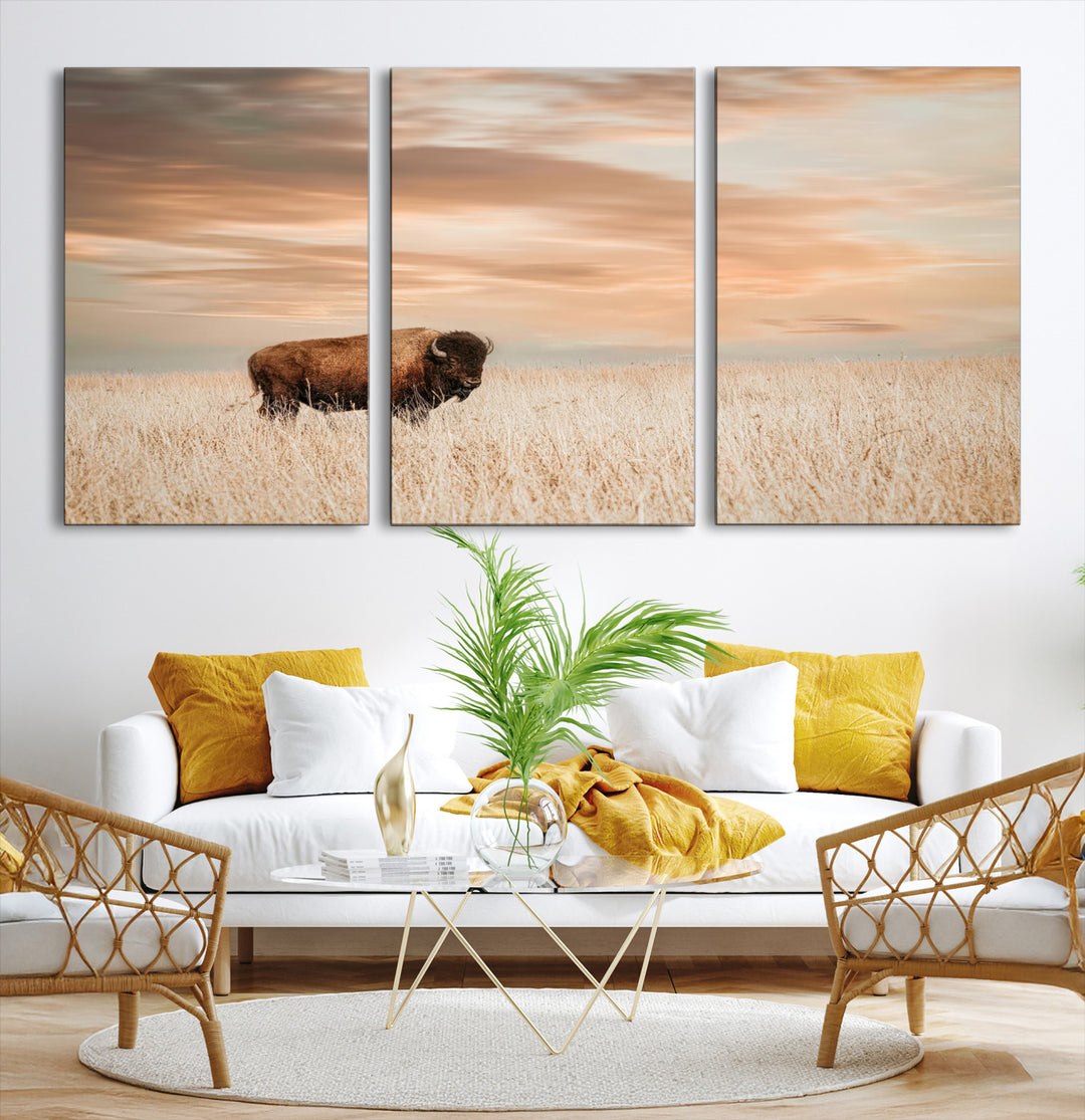 Bison Wall Art Canvas Print, Buffalo Print, Framed Western Prairie Art Print, Large Rustic Wildlife Printing Perfect for Rustic Decor