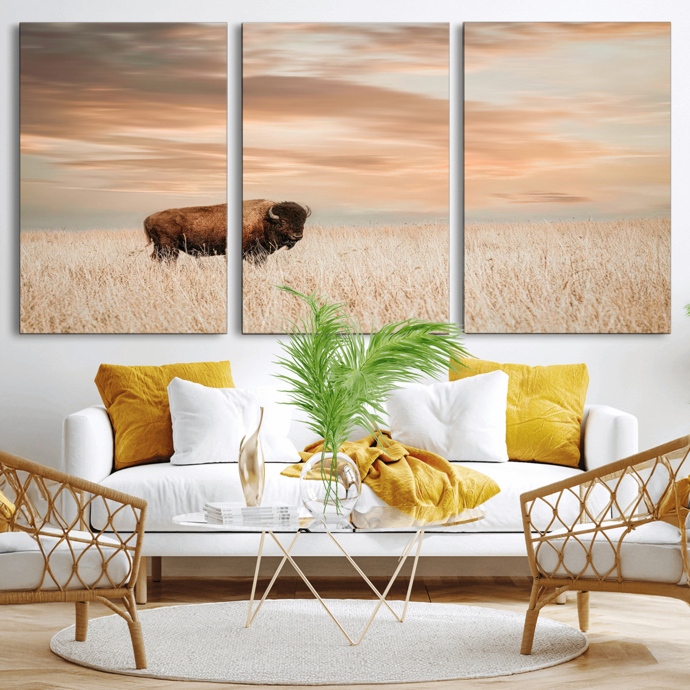 MGV-CV-60X30-3P - Bison Wall Art Canvas Print, Framed Buffalo Art Picture Print, Western Prairie Perfect Rustic Decor Artwork