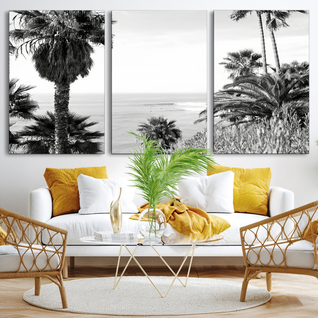 Palm Trees Wall Art Canvas Print, Framed Coastal Art Picture Print, Ocean Horizon Perfect Monochrome Coast Decor