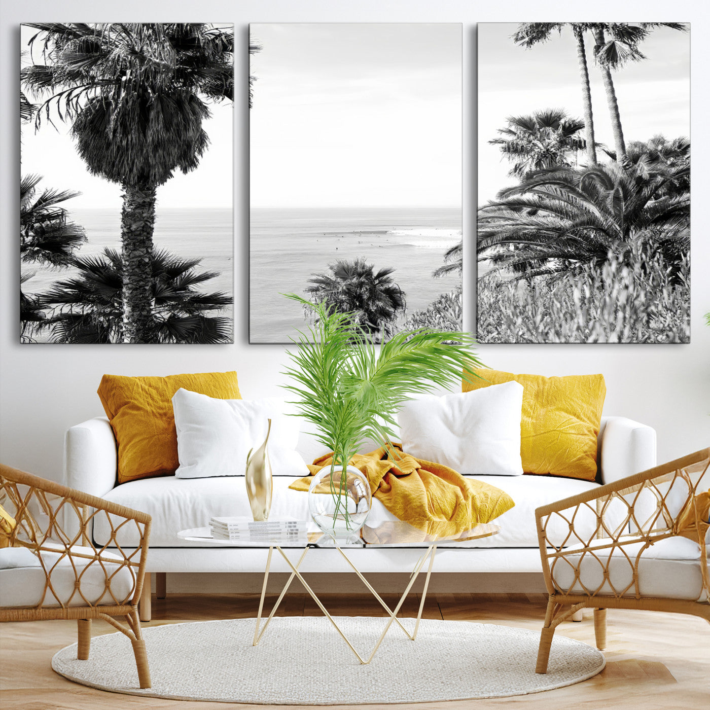 89458520-MGV-CV-36X24-Palm Trees Wall Art Canvas Print, Framed Coastal Art Picture Print, Ocean Horizon Perfect Monochrome Coast Decor