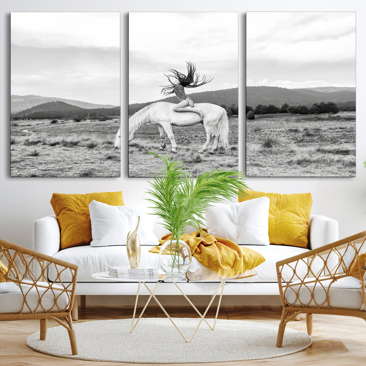 White Horse Wall Art Canvas Print, Woman Rider Print, Framed Equestrian Pose Art Print, Large Grazing Horse Printing Western Boho
