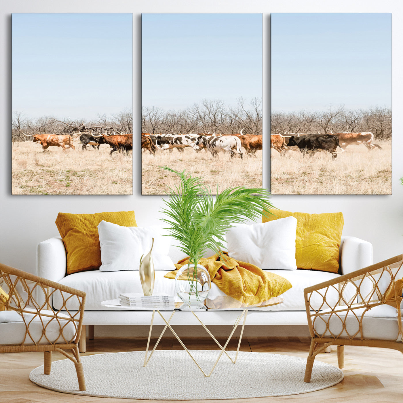 16563092-MGV-CV-36X24-Texas Longhorns Wall Art Canvas Print, Western Cattles Print Wall Art, Framed Rustic Herd Art Print, Large Country Cows Printing Rustic