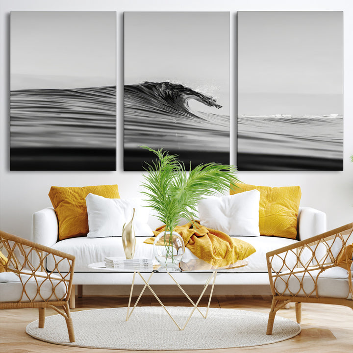 Black Wave Wall Art Canvas Print, Abstract Surf Print, Framed Minimalist Ocean Art Print, Large Black Water Printing Minimalist