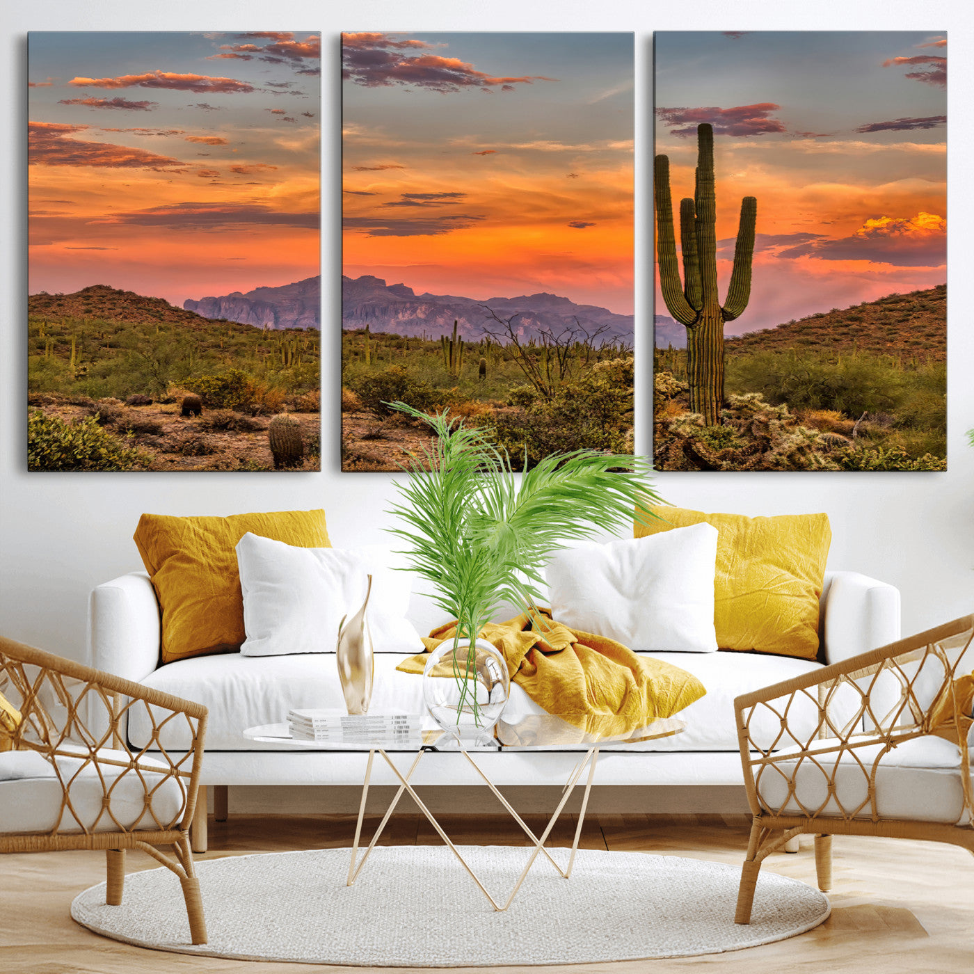 MGV-CV-60X30-3P - Saguaro Cactus Wall Art Canvas Print, Framed Arizona Sunset Art Picture Print, Sonoran Desert Perfect Southwestern Boho Decor Artwork