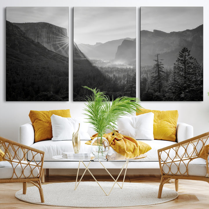 Yosemite Valley Wall Art Canvas Print, El Capitan Sunrise Print, Framed Misty Mountain Art Print, Large Monochrome Valley Printing